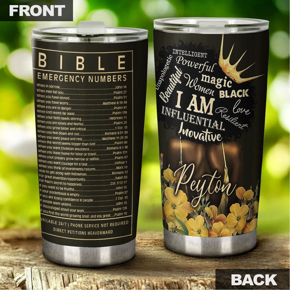 Camellia Personalized Black Woman Bible Emergency Numbers Stainless Steel Tumbler - Double-Walled Insulation Vacumm Flask - Gift For Black Queen, International Women's Day, Hippie Girls