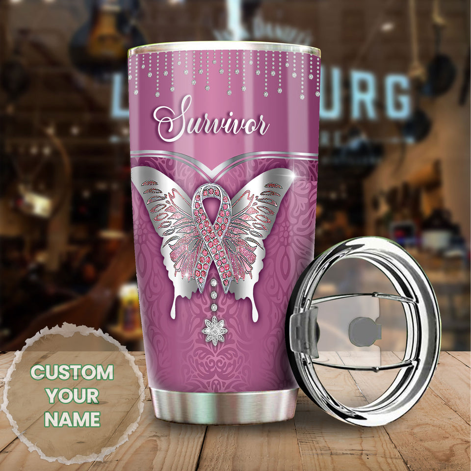 Camellia Personalized Breast Cancer Butterfly Jewelry Style Stainless Steel Tumbler - Double-Walled Insulation Vacumm Flask - Gift For Breast Cancer Awareness Month