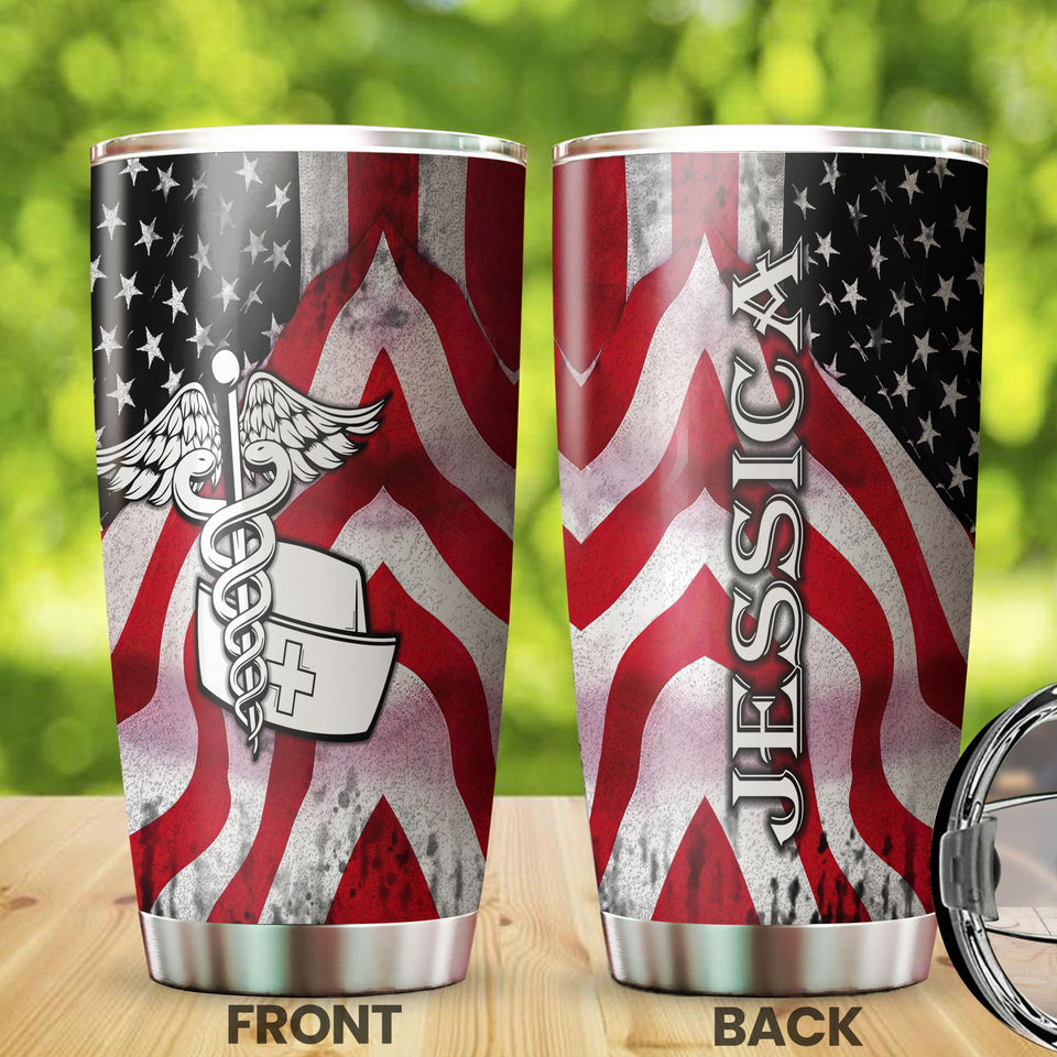 Camellia Personalized American Flag Nurse Stainless Steel Tumbler - Double-Walled Insulation Vacumm Flask - Gift For Nurse, Christmas Gift, International Nurses Day
