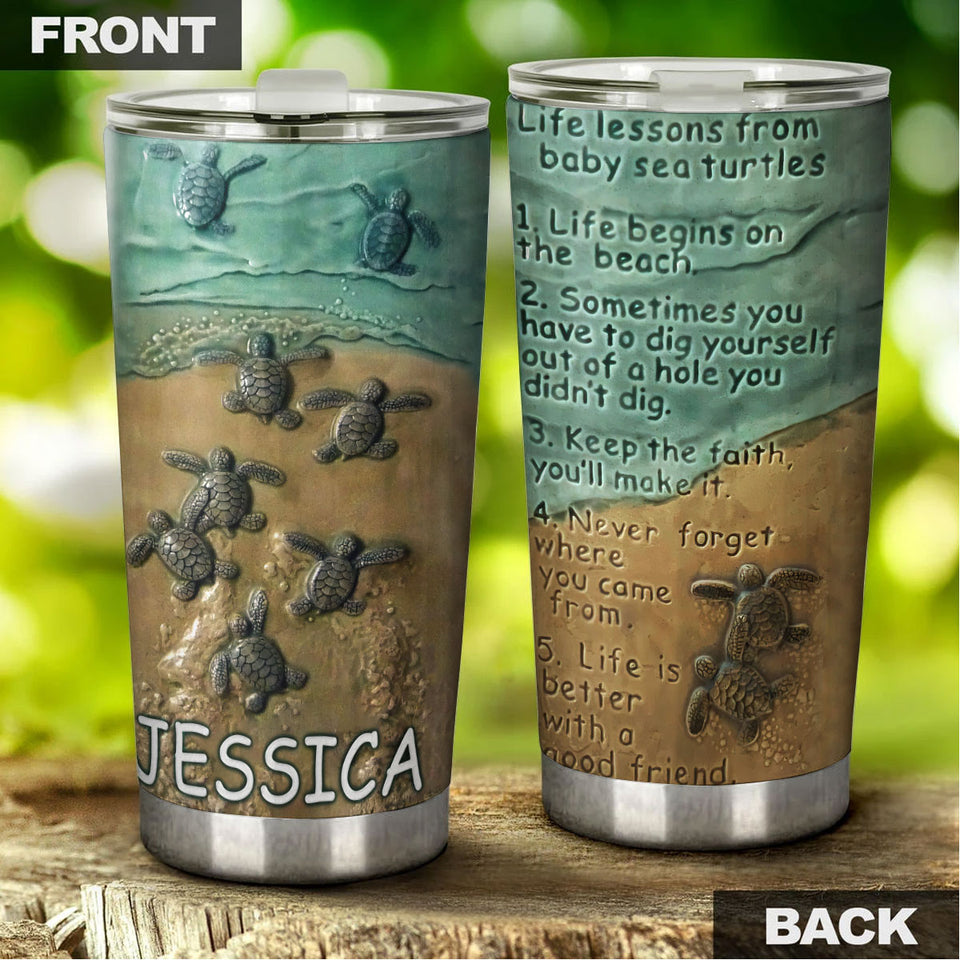 Camellia Personalized Baby Turtle Life Lesson Stainless Steel Tumbler - Double-Walled Insulation Vacumm Flask - Gift For Art Marine Life Researchers, Turtle Fans