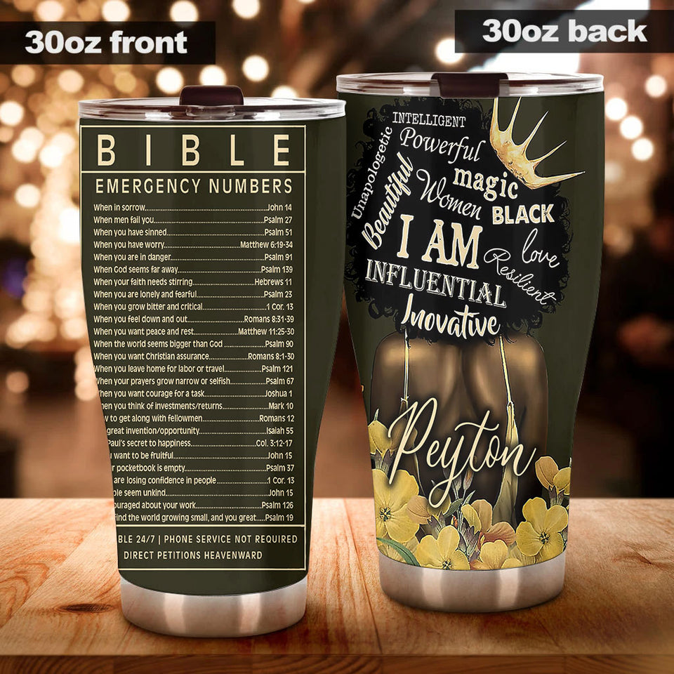 Camellia Personalized Black Woman Bible Emergency Numbers Stainless Steel Tumbler - Double-Walled Insulation Vacumm Flask - Gift For Black Queen, International Women's Day, Hippie Girls