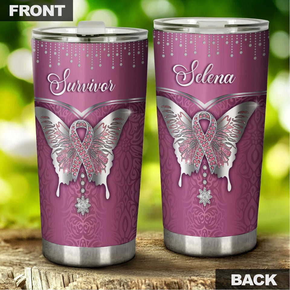 Camellia Personalized Breast Cancer Butterfly Jewelry Style Stainless Steel Tumbler - Double-Walled Insulation Vacumm Flask - Gift For Breast Cancer Awareness Month