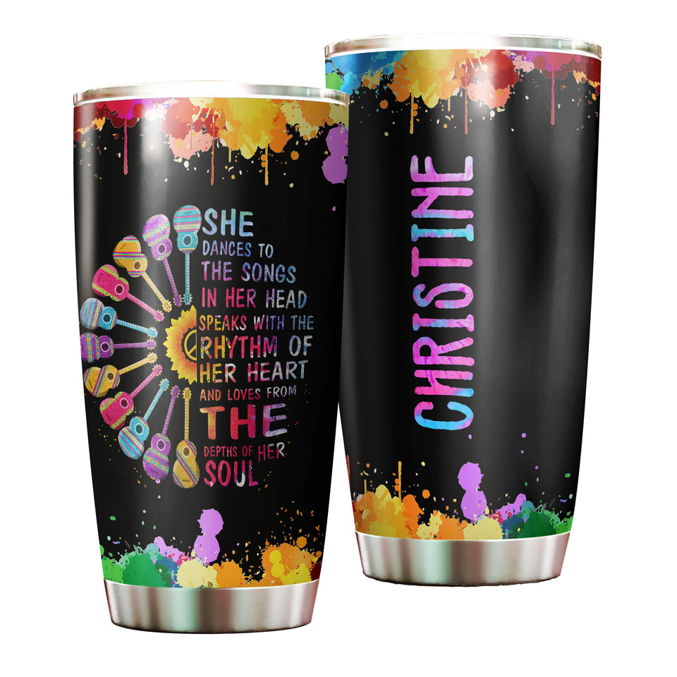 Camellia Personalized Hippie Girl She Dances To Her Songs In Her Head Stainless Steel Tumbler-Double-Walled Insulation Travel Cup With Lid Gift For Female Dancer
