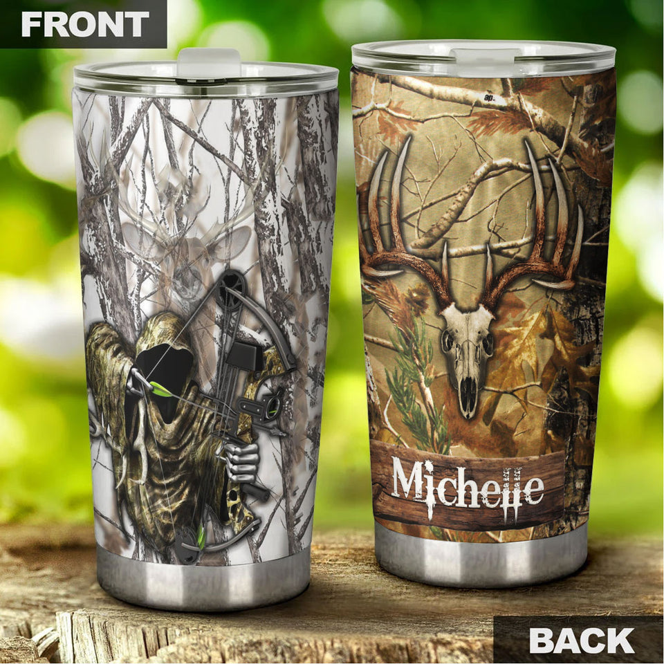 Camellia Personalized 3D Hunting Grim Reaper Stainless Steel Tumbler - Customized Double-Walled Insulation Travel Thermal Cup With Lid