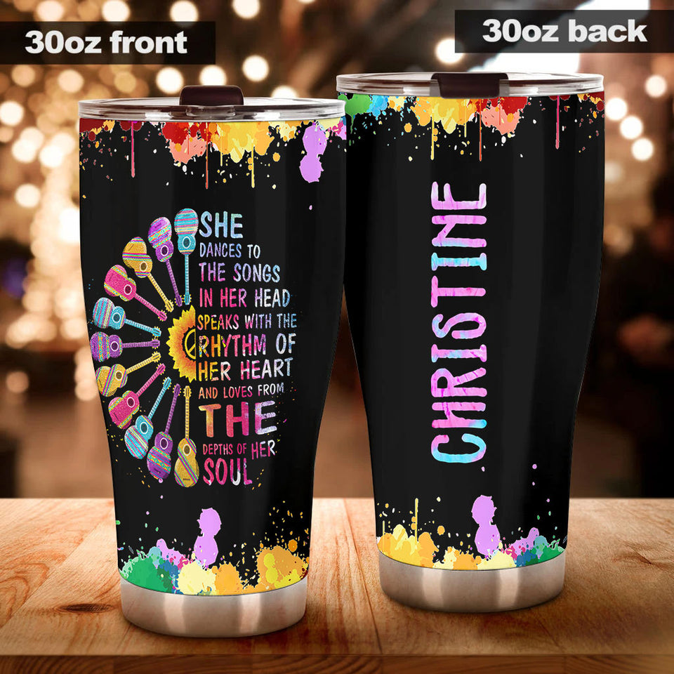 Camellia Personalized Hippie Girl She Dances To Her Songs In Her Head Stainless Steel Tumbler-Double-Walled Insulation Travel Cup With Lid Gift For Female Dancer