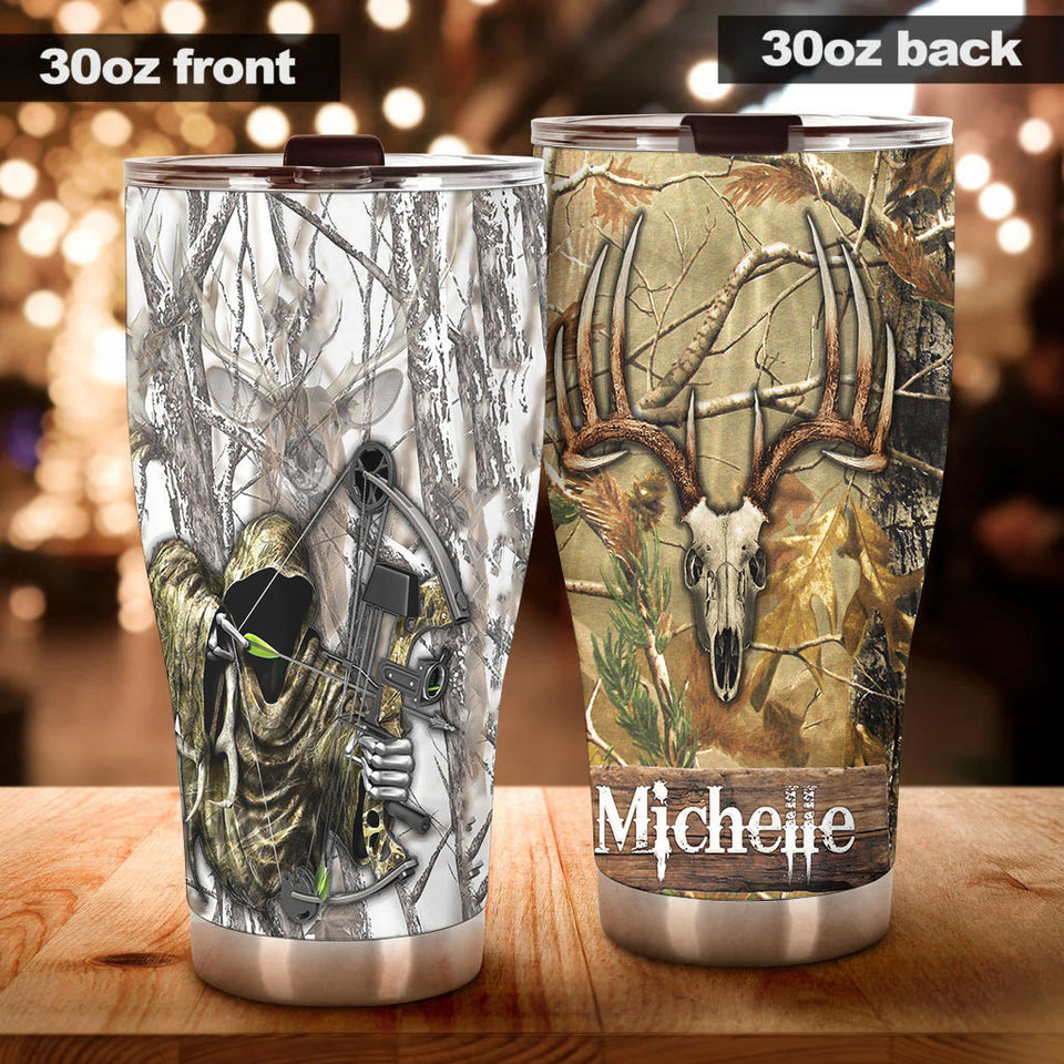 Camellia Personalized 3D Hunting Grim Reaper Stainless Steel Tumbler - Customized Double-Walled Insulation Travel Thermal Cup With Lid
