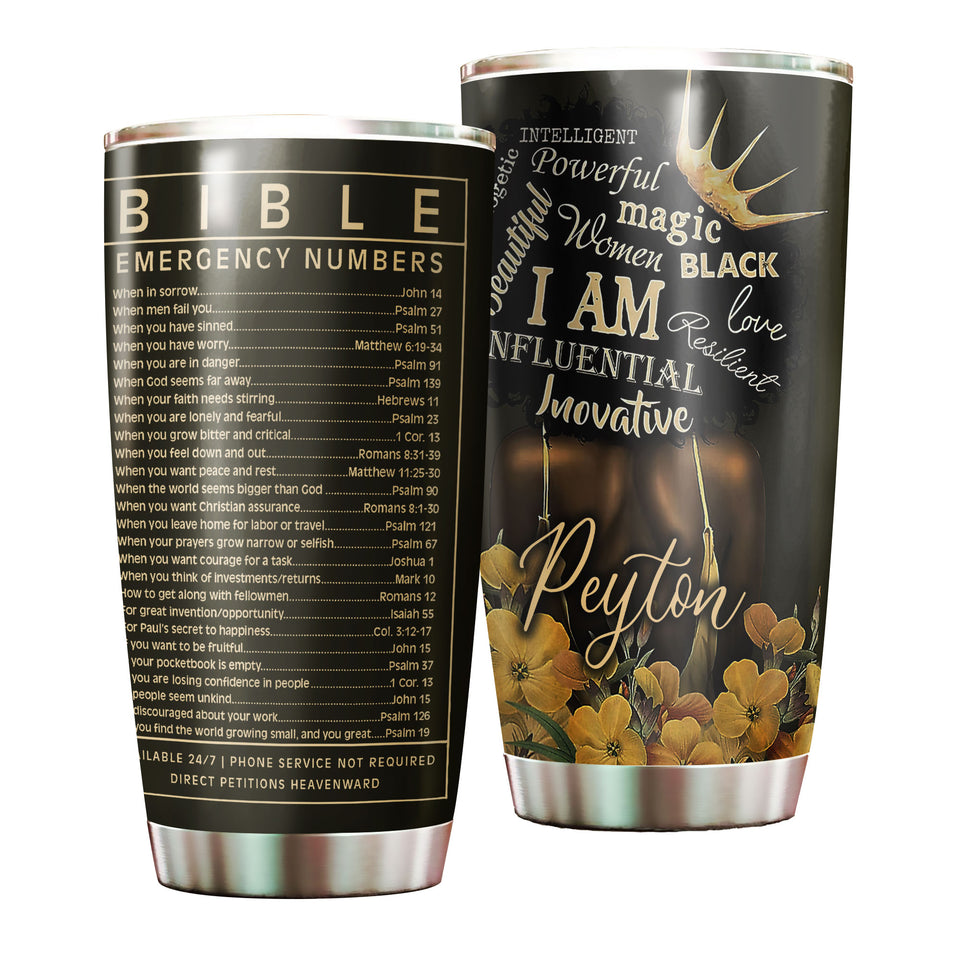 Camellia Personalized Black Woman Bible Emergency Numbers Stainless Steel Tumbler - Double-Walled Insulation Vacumm Flask - Gift For Black Queen, International Women's Day, Hippie Girls