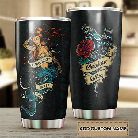 Camellia Persionalized Inked Mermaid Stainless Steel Tumbler - Customized Double - Walled Insulation Travel Thermal Cup With Lid Gift For Tattooist