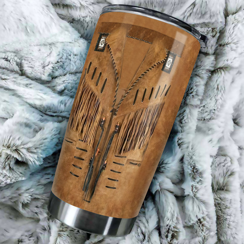 Camellia Personalized Native American Outfit Leather Style Stainless Steel Tumbler-Double-Walled Insulation Travel Cup With Lid