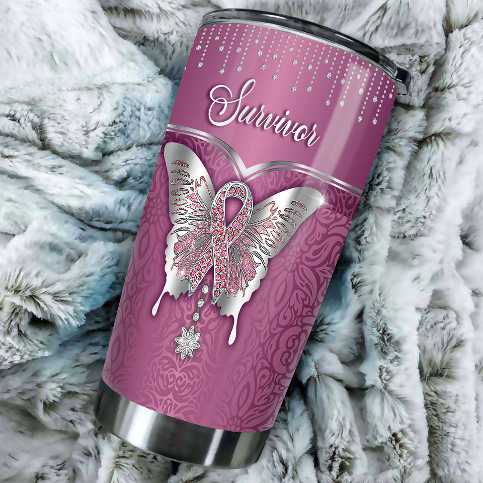 Camellia Personalized Breast Cancer Butterfly Jewelry Style Stainless Steel Tumbler - Double-Walled Insulation Vacumm Flask - Gift For Breast Cancer Awareness Month
