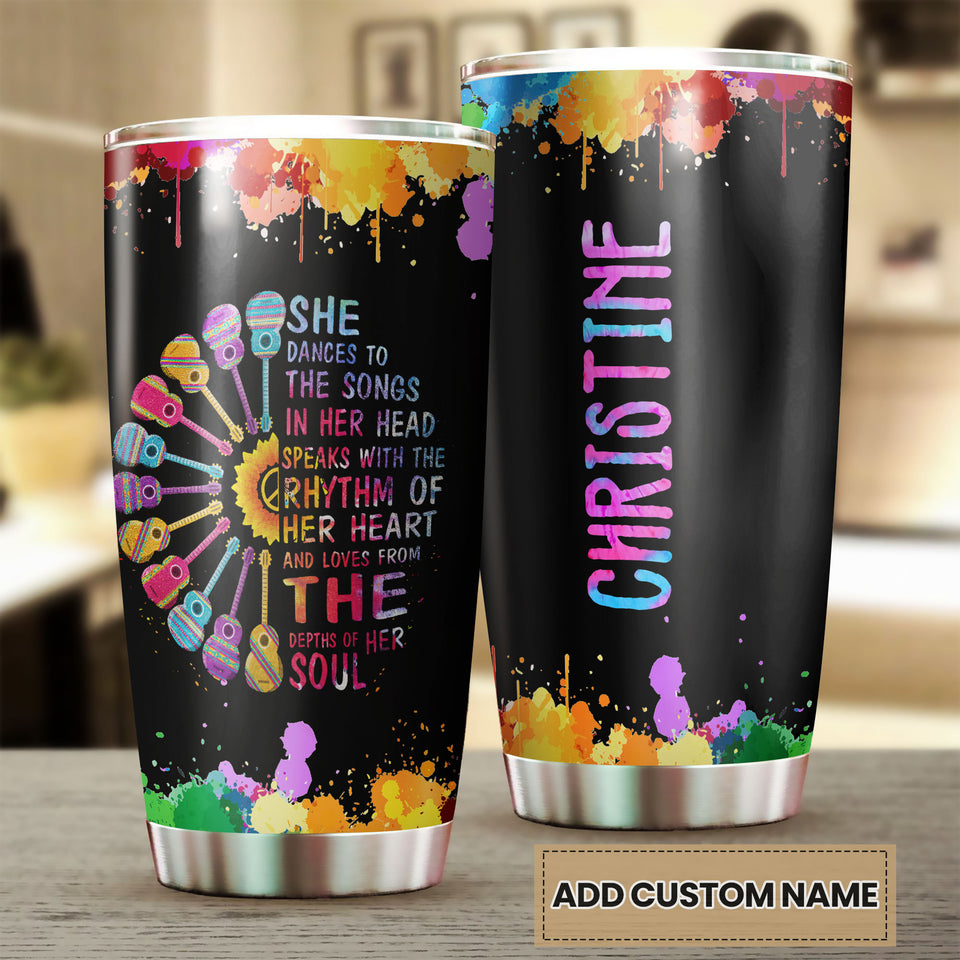 Camellia Personalized Hippie Girl She Dances To Her Songs In Her Head Stainless Steel Tumbler-Double-Walled Insulation Travel Cup With Lid Gift For Female Dancer
