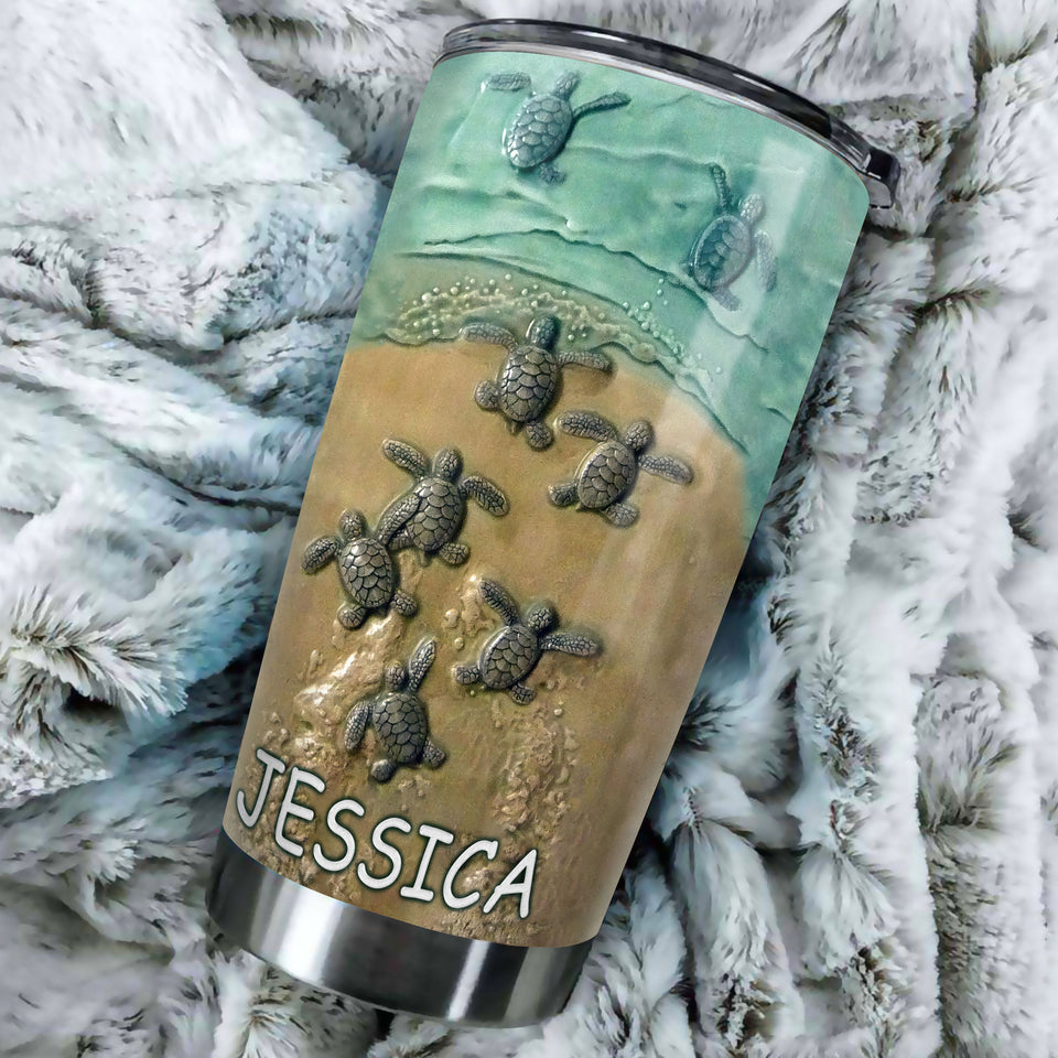 Camellia Personalized Baby Turtle Life Lesson Stainless Steel Tumbler - Double-Walled Insulation Vacumm Flask - Gift For Art Marine Life Researchers, Turtle Fans