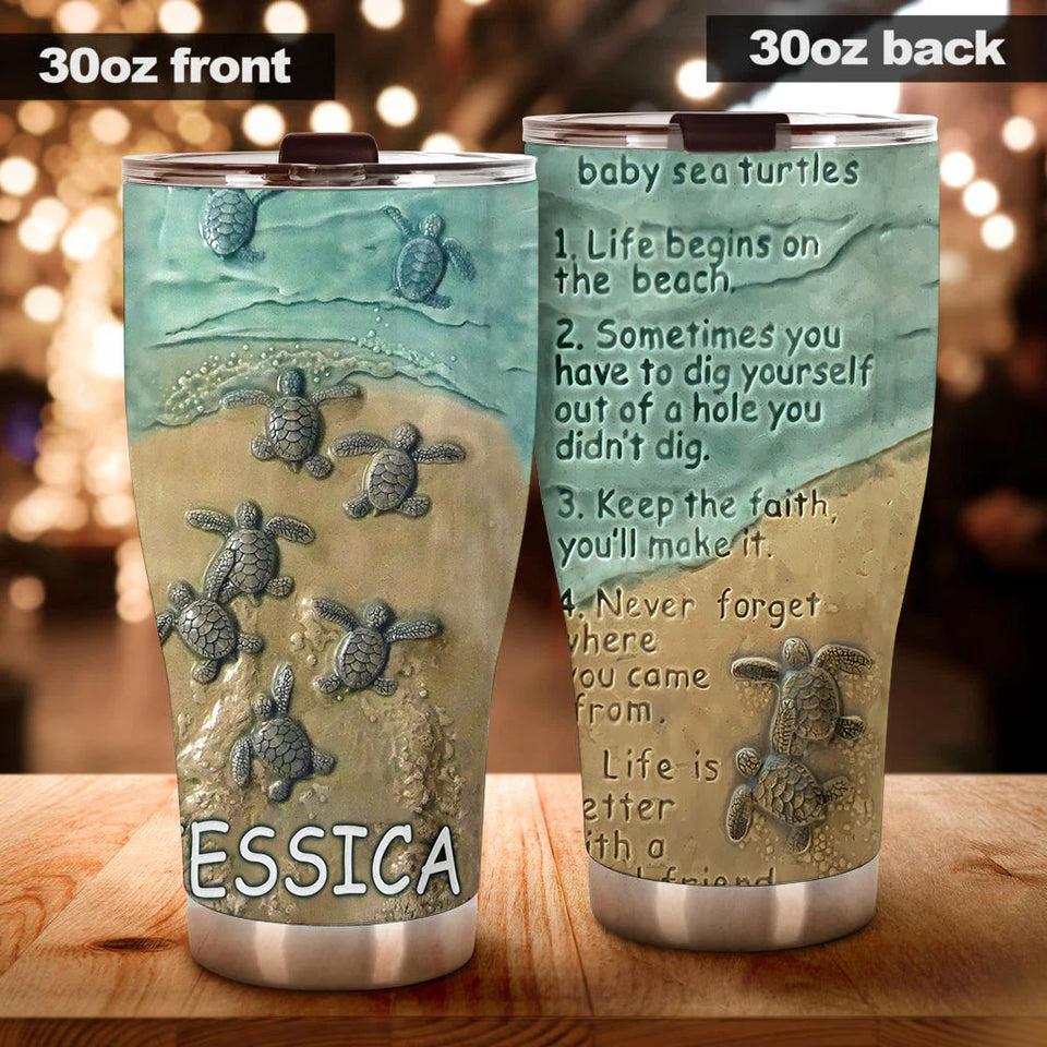 Camellia Personalized Baby Turtle Life Lesson Stainless Steel Tumbler - Double-Walled Insulation Vacumm Flask - Gift For Art Marine Life Researchers, Turtle Fans