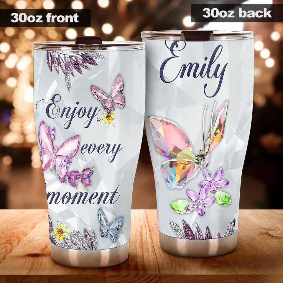 Camellia Personalized Butterfly Crystal Style Enjoy Every Moment Stainless Steel Tumbler - Double-Walled Insulation Vacumm Flask - For Thanksgiving, Memorial Day, Christians, Christmas Gift