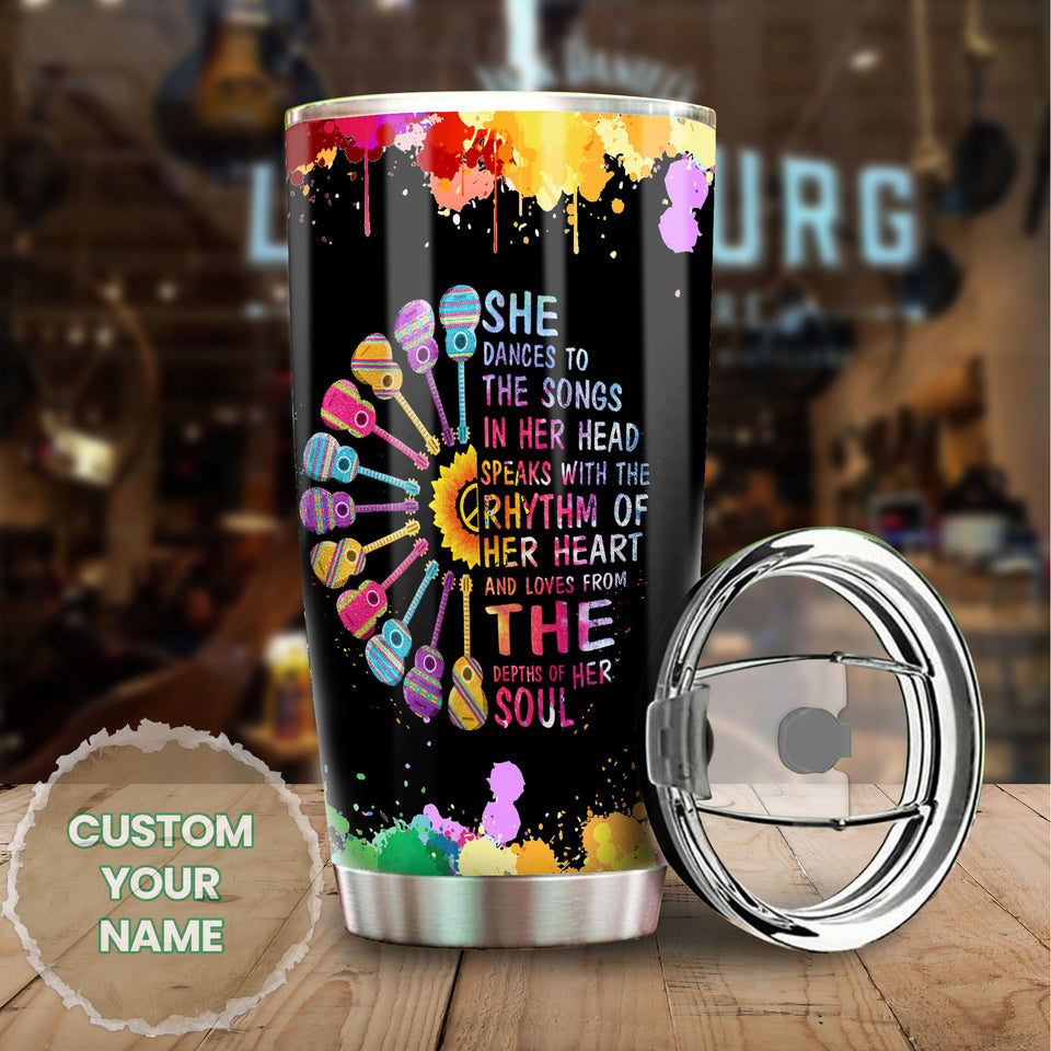 Camellia Personalized Hippie Girl She Dances To Her Songs In Her Head Stainless Steel Tumbler-Double-Walled Insulation Travel Cup With Lid Gift For Female Dancer