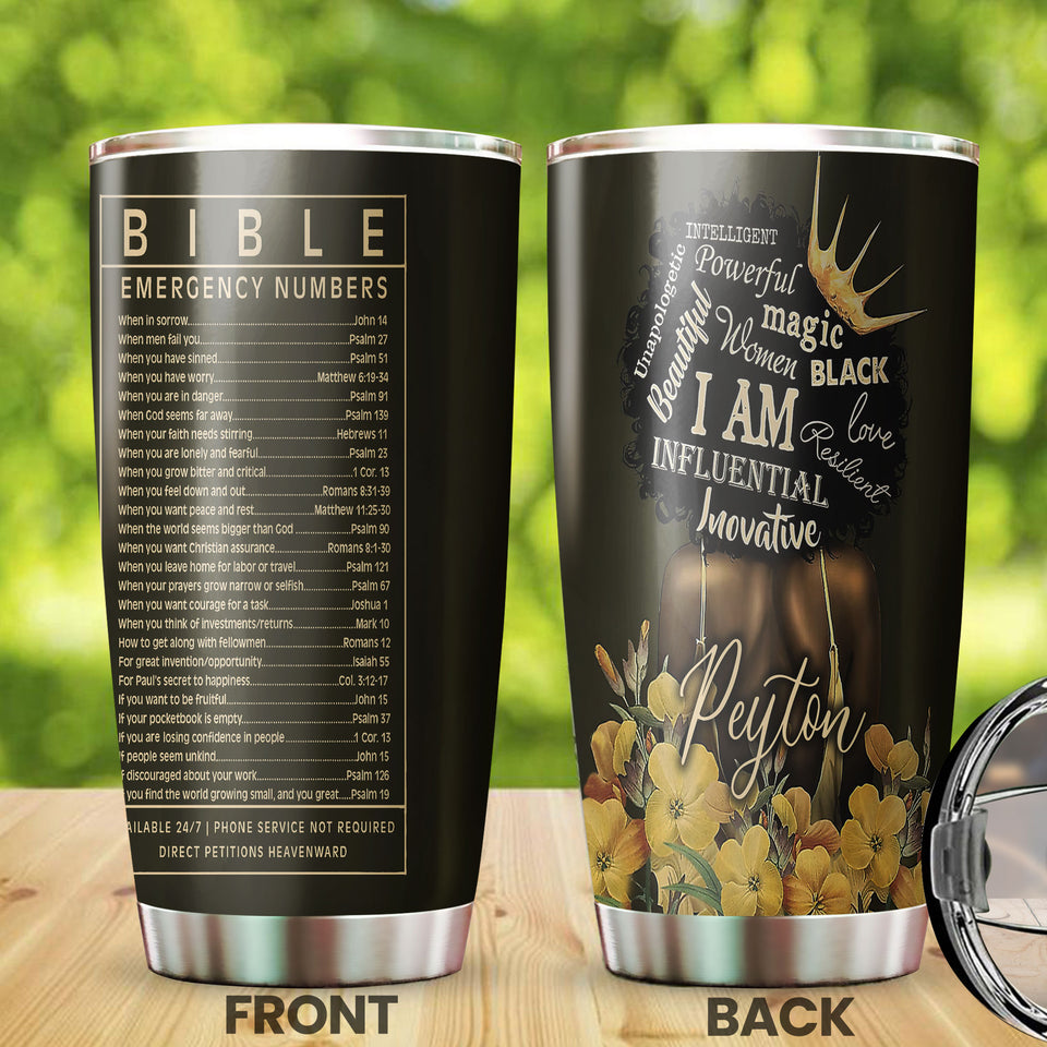 Camellia Personalized Black Woman Bible Emergency Numbers Stainless Steel Tumbler - Double-Walled Insulation Vacumm Flask - Gift For Black Queen, International Women's Day, Hippie Girls