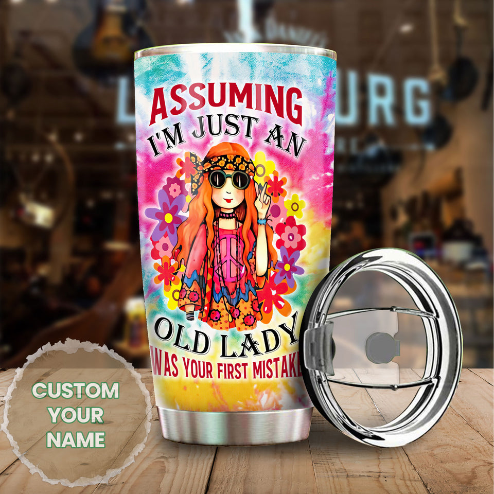 Camellia Personalized I'm Just Old Lady Hippie Style Stainless Steel Tumbler- Therma Flask Gift For Old Lady