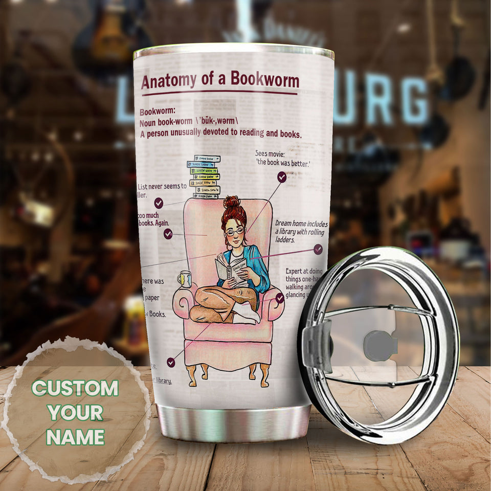 Camellia Personalized Bookworm Anatomy Stainless Steel Tumbler - Double-Walled Insulation Vacumm Flask - Gift For Book Lovers, Nerd, International Book Day