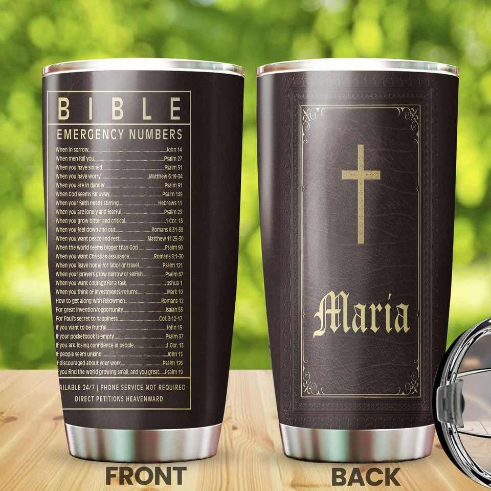 Camellia Personalized Bible Emergency Numbers Stainless Steel Tumbler - Customized Double-Walled Insulation Travel Thermal Cup With Lid Gift For Christian