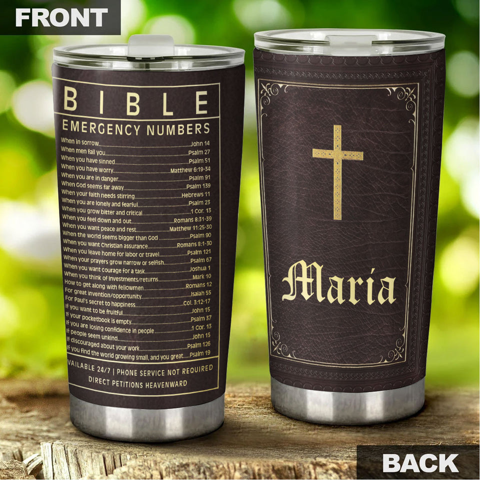 Camellia Personalized Bible Emergency Numbers Stainless Steel Tumbler - Customized Double-Walled Insulation Travel Thermal Cup With Lid Gift For Christian