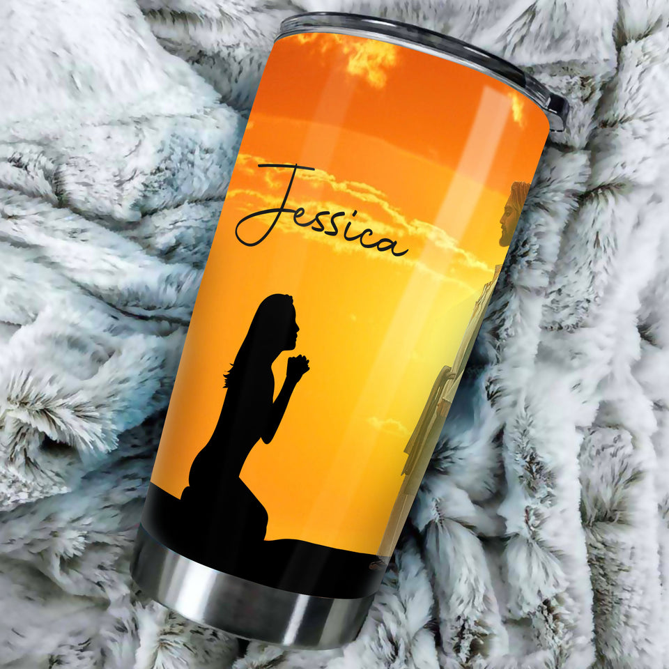 Camellia Personalized The Cross And Girl Faith Over Fear Stainless Steel Tumbler-Thermal Flask Travel Therma Cup With Lid