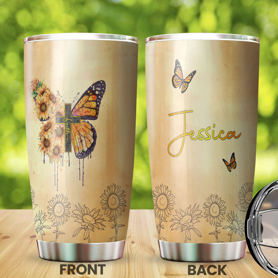 Camellia Personalized Butterfly Faith Christian Cross Sunflower Stainless Steel Tumbler - Double-Walled Insulation Vacumm Flask - For Thanksgiving, Memorial Day, Christians, Christmas Gift