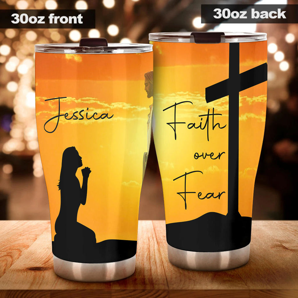 Camellia Personalized The Cross And Girl Faith Over Fear Stainless Steel Tumbler-Thermal Flask Travel Therma Cup With Lid