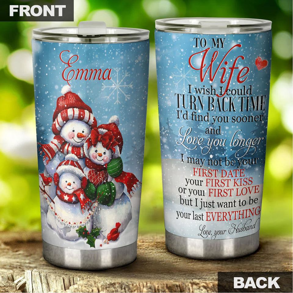 Camellia Personalized Christmas Snowman To My Wife Stainless Steel Tumbler - Customized Double-Walled Insulation Travel Thermal Cup With Lid Gift For Soulmate Wife
