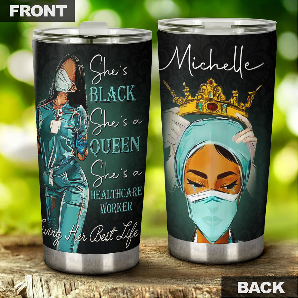 Camellia Personalized Black Nurse Living Her Best Life Stainless Steel Tumbler - Double-Walled Insulation Vacumm Flask - Gift For Black Queen, International Women's Day, Nurse's Day
