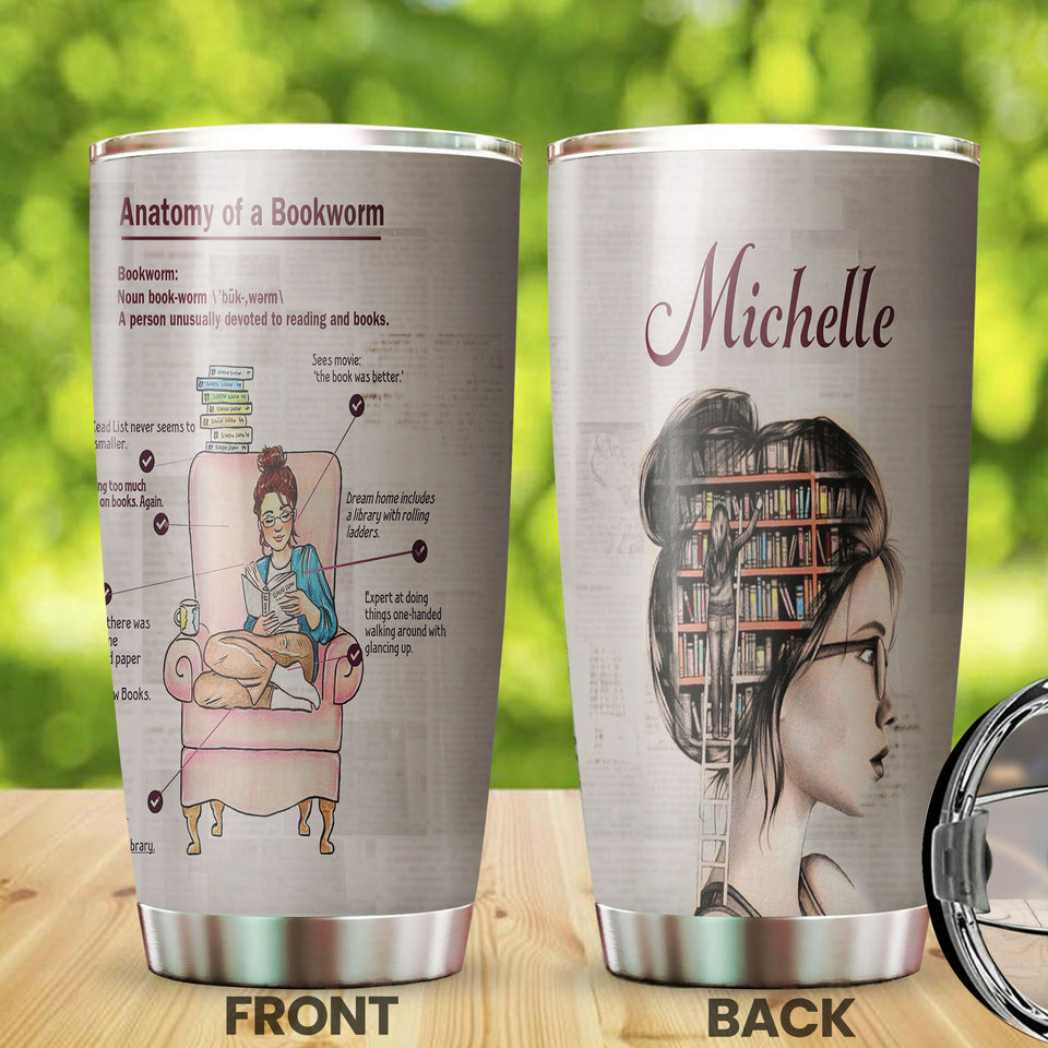 Camellia Personalized Bookworm Anatomy Stainless Steel Tumbler - Double-Walled Insulation Vacumm Flask - Gift For Book Lovers, Nerd, International Book Day
