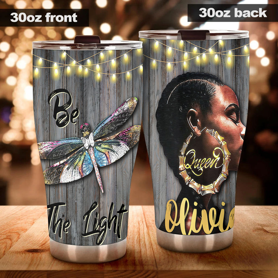 Camellia Personalized Colorful Dragonfly Black Queen Be The Light Stainless Steel Tumbler - Customized Double-Walled Insulation Travel Thermal Cup With Lid