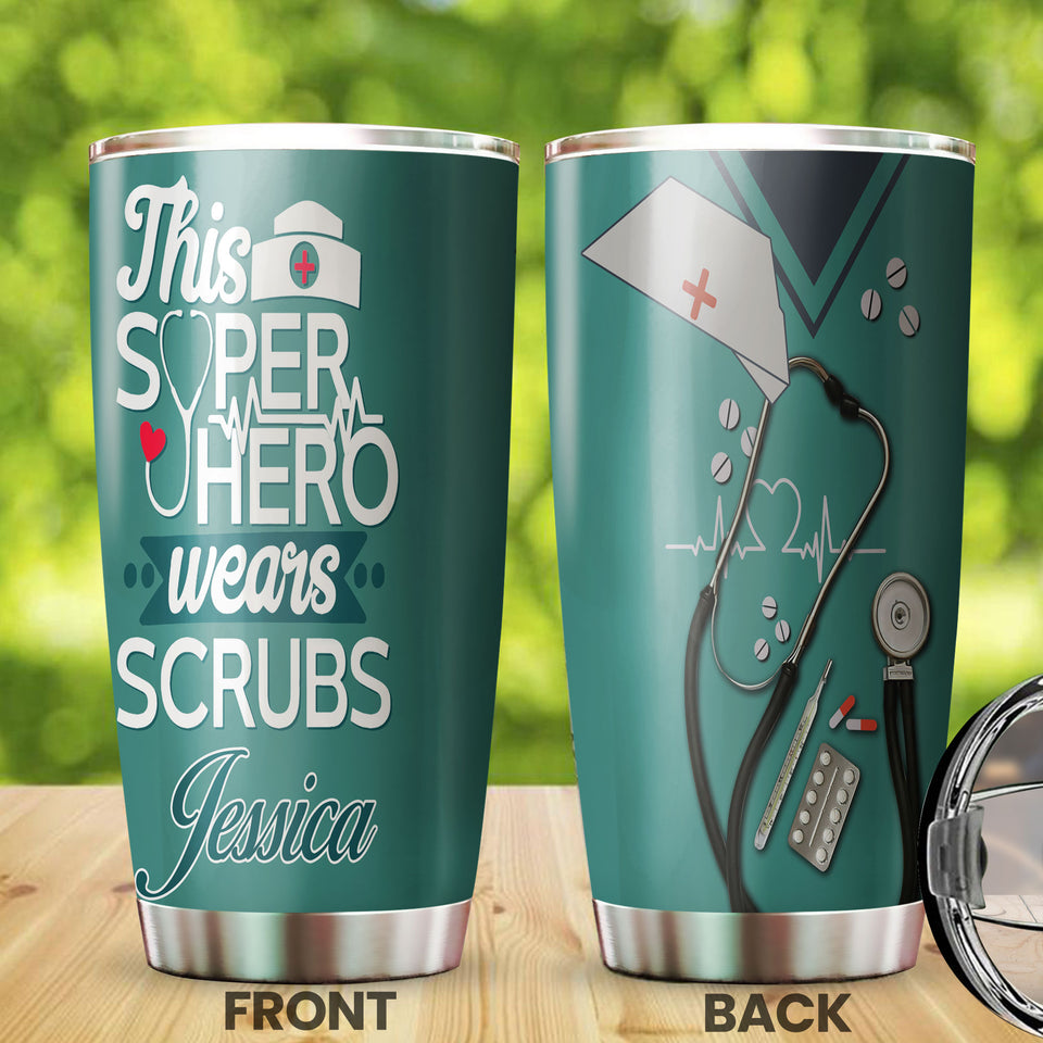 Camellia Personalized Nurse Hero Scrubs Stainless Steel Tumbler - Double-Walled Insulation Vacumm Flask - Gift For Nurse, Christmas Gift, International Nurses Day