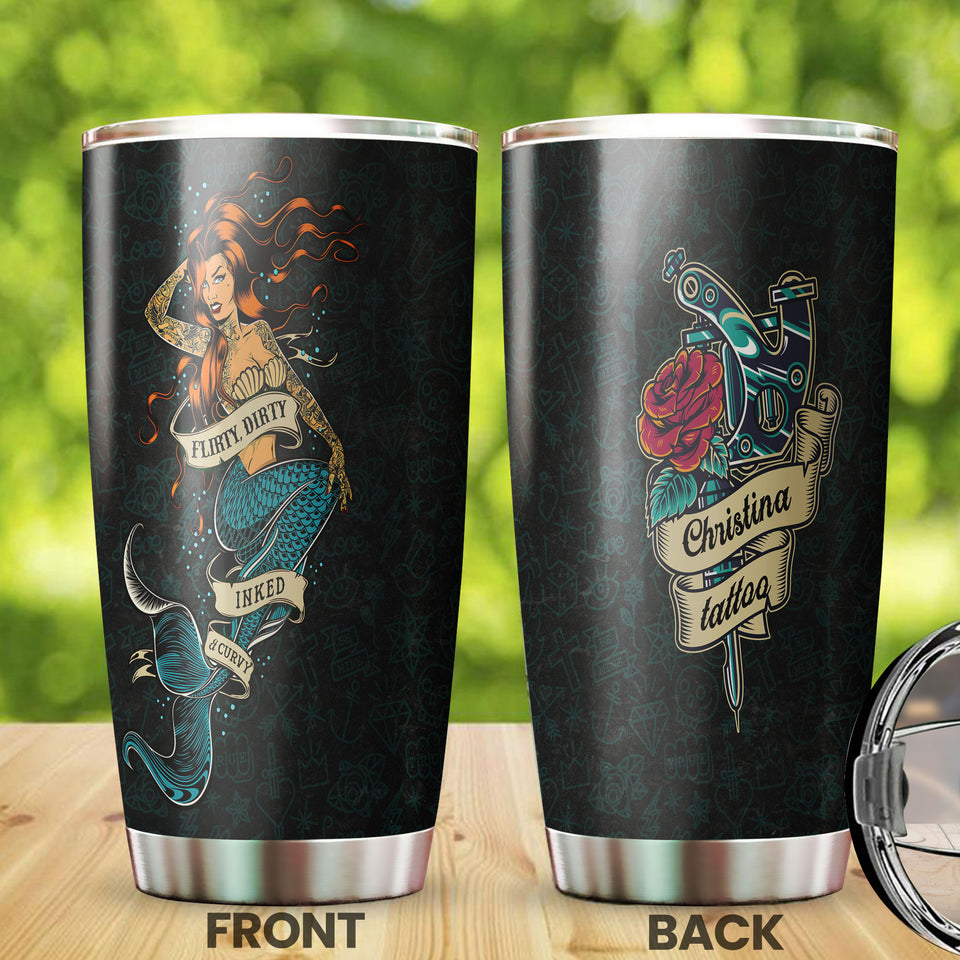 Camellia Persionalized Inked Mermaid Stainless Steel Tumbler - Customized Double - Walled Insulation Travel Thermal Cup With Lid Gift For Tattooist