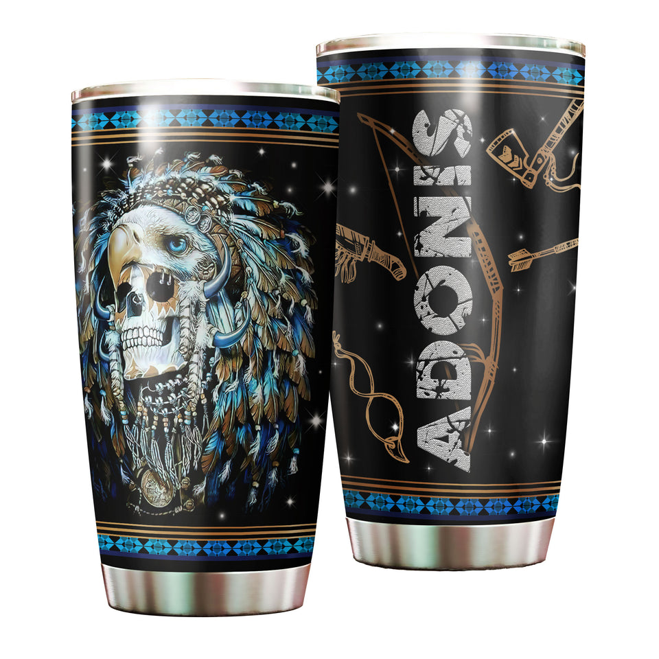 Camellia Personalized 3D Native American Skull Stainless Steel Tumbler - Double-Walled Insulation Vacumm Flask - Gift for Native American, Christmas