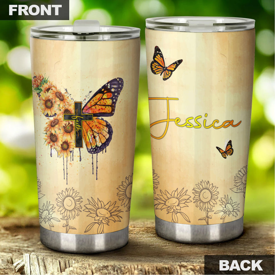 Camellia Personalized Butterfly Faith Christian Cross Sunflower Stainless Steel Tumbler - Double-Walled Insulation Vacumm Flask - For Thanksgiving, Memorial Day, Christians, Christmas Gift