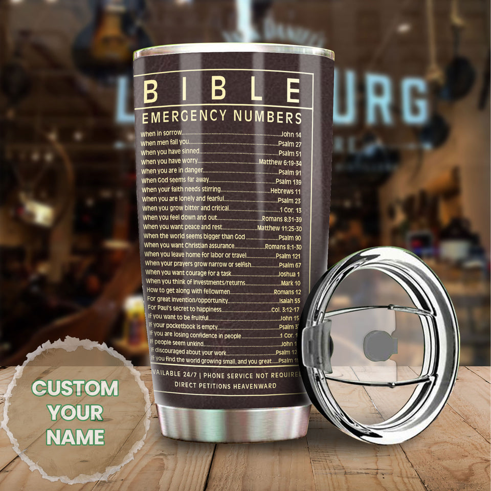 Camellia Personalized Bible Emergency Numbers Stainless Steel Tumbler - Customized Double-Walled Insulation Travel Thermal Cup With Lid Gift For Christian