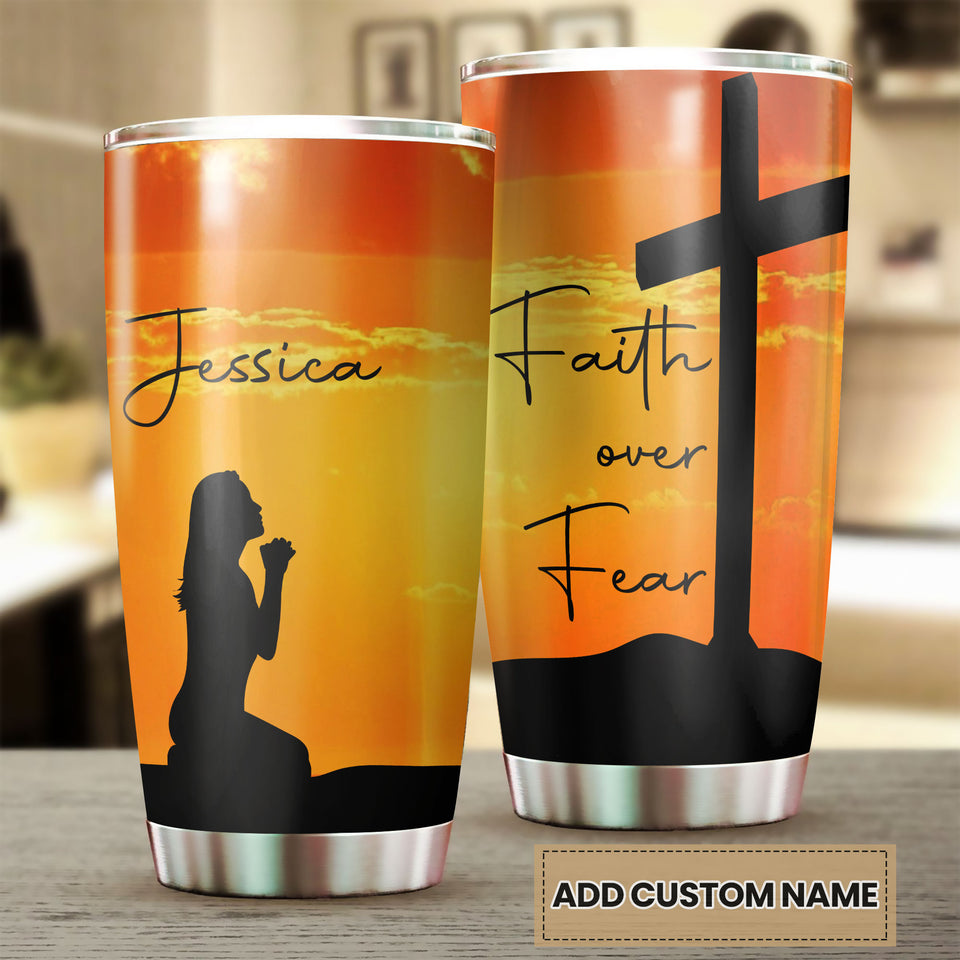 Camellia Personalized The Cross And Girl Faith Over Fear Stainless Steel Tumbler-Thermal Flask Travel Therma Cup With Lid