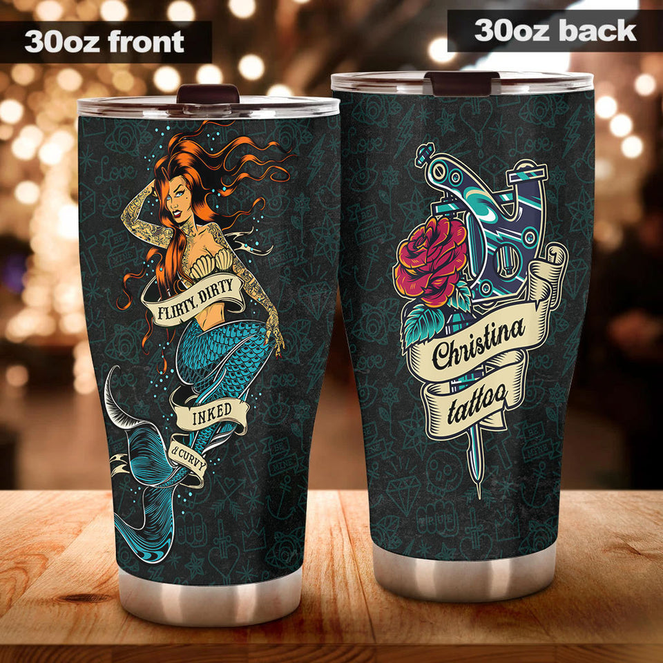 Camellia Persionalized Inked Mermaid Stainless Steel Tumbler - Customized Double - Walled Insulation Travel Thermal Cup With Lid Gift For Tattooist