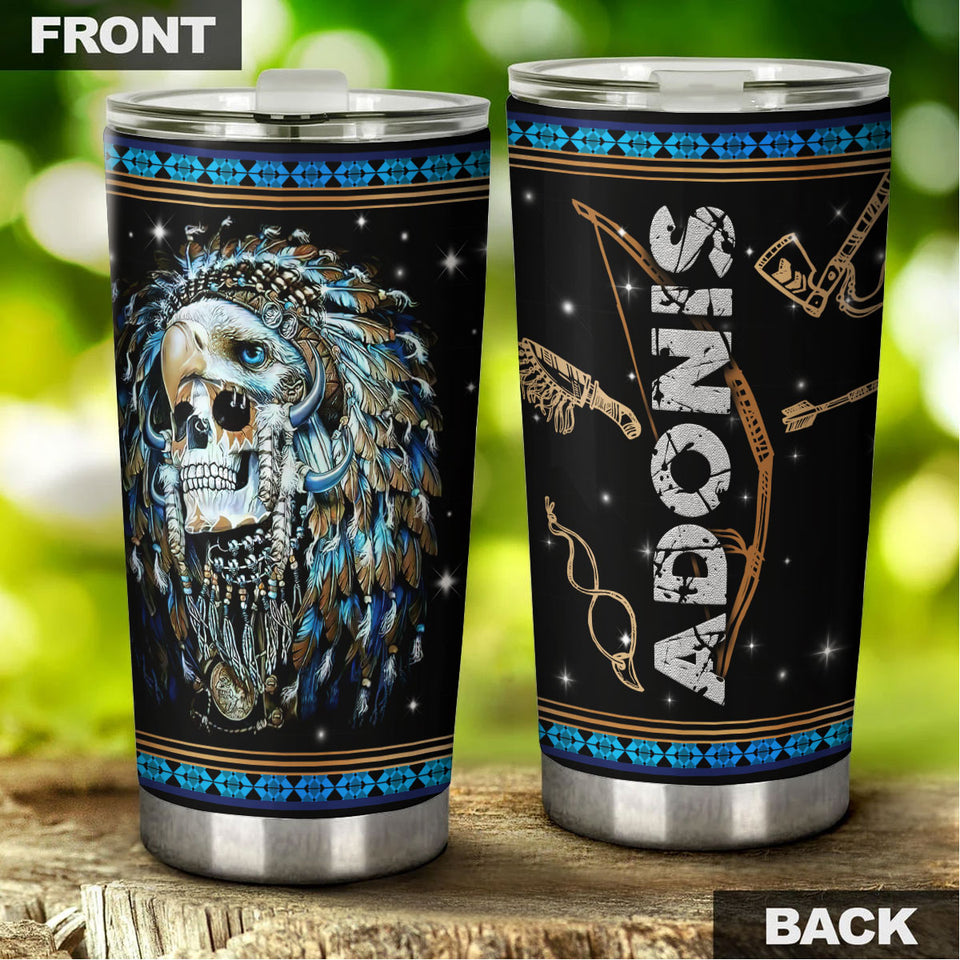 Camellia Personalized 3D Native American Skull Stainless Steel Tumbler - Double-Walled Insulation Vacumm Flask - Gift for Native American, Christmas