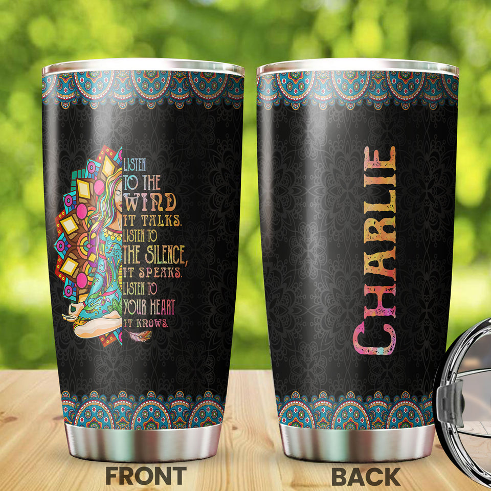 Camellia Personalized Hippie Girl Listen To The wind To The Silence Stainless Steel Tumbler-Sweat-Proof Double Wall Travel Cup With Lid