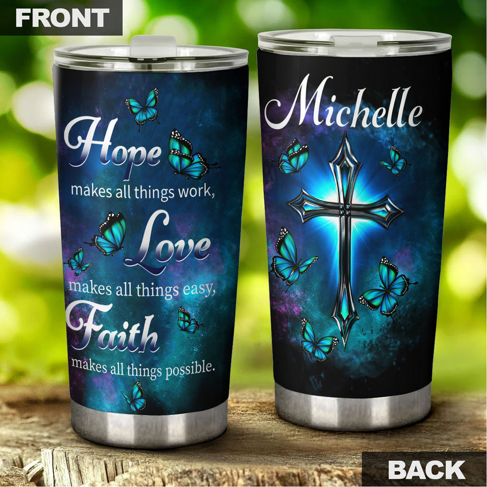Camellia Personalized Blue Butterfly Live Love Faith Stainless Steel Tumbler - Double-Walled Insulation Vacumm Flask - Gift For Thanksgiving, Memorial Day