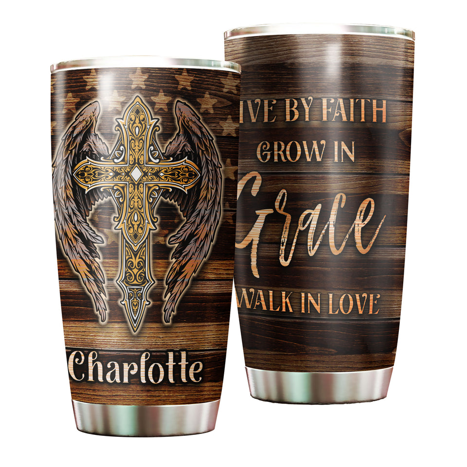 Camellia Personalized Live By Faith Grow By Grace The Cross Stainless Steel Tumbler-Thermal Flask Travel Therma Cup With Lid