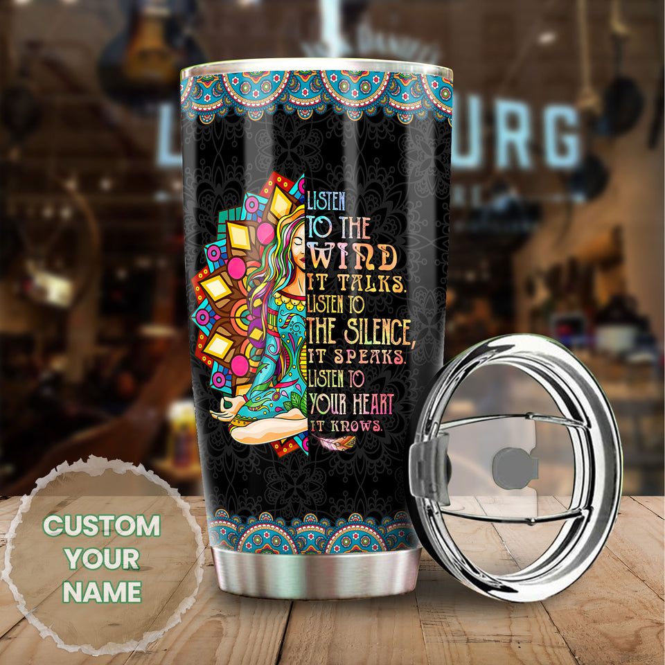 Camellia Personalized Hippie Girl Listen To The wind To The Silence Stainless Steel Tumbler-Sweat-Proof Double Wall Travel Cup With Lid
