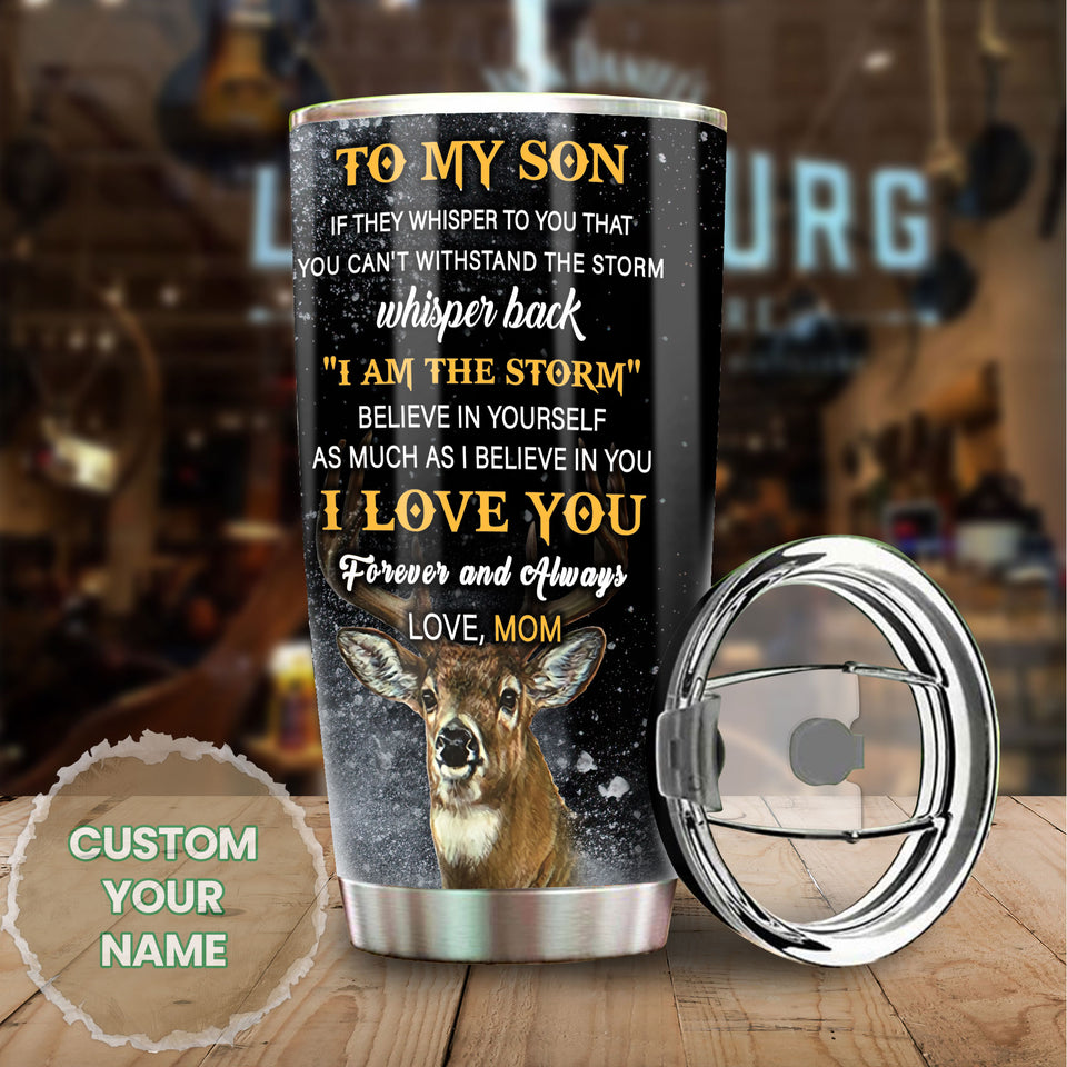 Camellia Personalized 3D Deer To My Son I Love You Forever And Always Mom Stainless Steel Tumbler - Customized Double-Walled Insulation Travel Thermal Cup With Lid Gift For Son Deer Lover