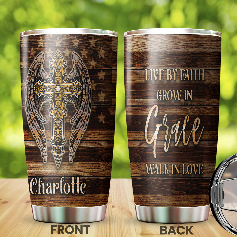 Camellia Personalized Live By Faith Grow By Grace The Cross Stainless Steel Tumbler-Thermal Flask Travel Therma Cup With Lid