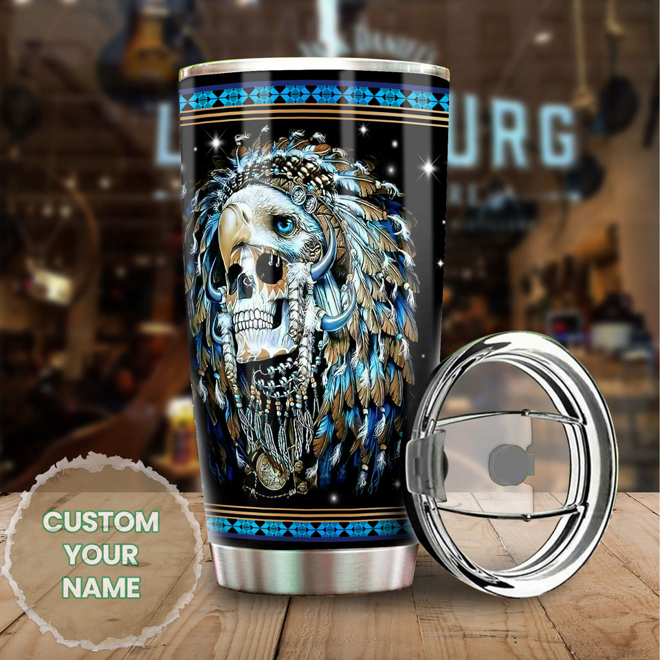 Camellia Personalized 3D Native American Skull Stainless Steel Tumbler - Double-Walled Insulation Vacumm Flask - Gift for Native American, Christmas