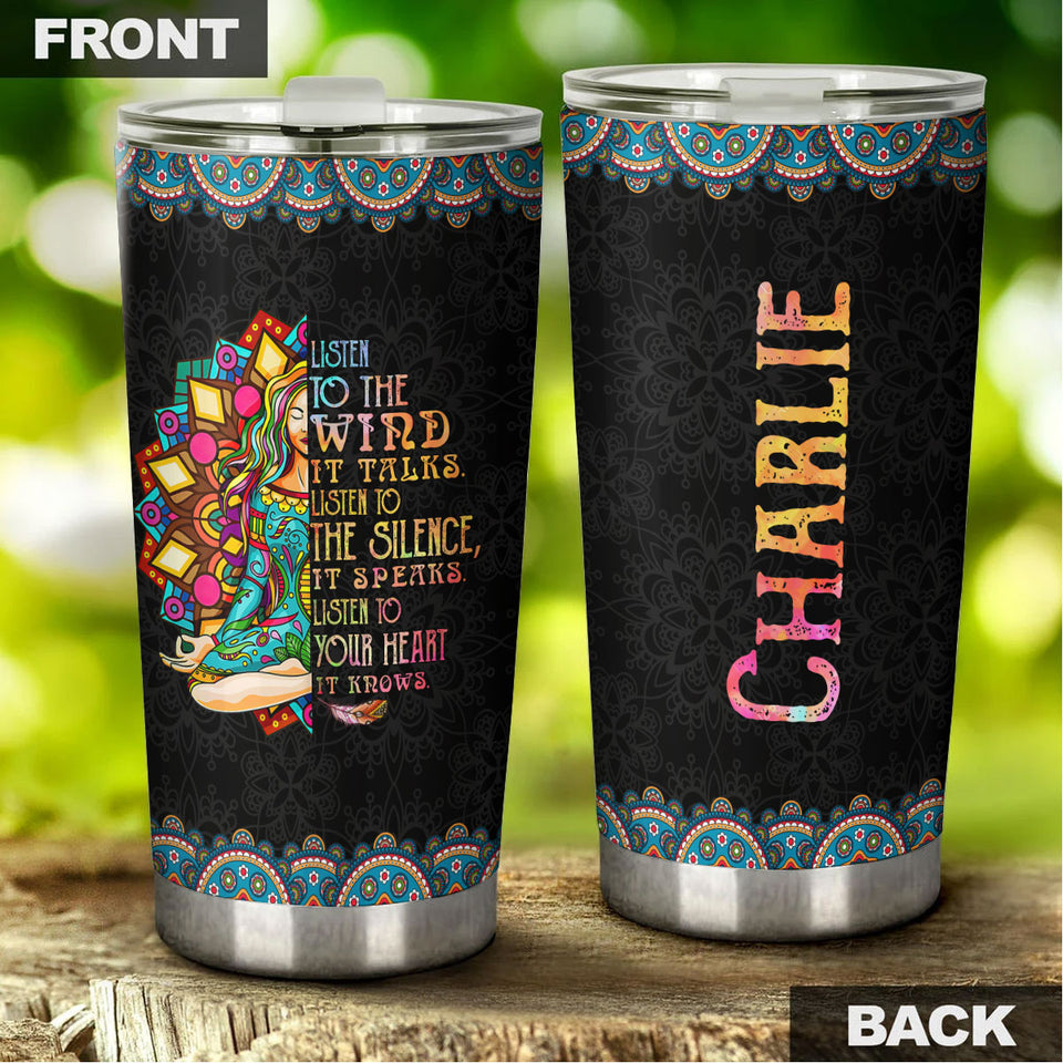 Camellia Personalized Hippie Girl Listen To The wind To The Silence Stainless Steel Tumbler-Sweat-Proof Double Wall Travel Cup With Lid