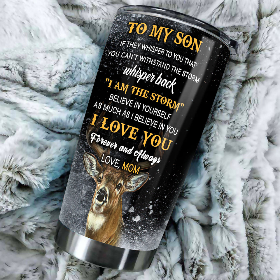 Camellia Personalized 3D Deer To My Son I Love You Forever And Always Mom Stainless Steel Tumbler - Customized Double-Walled Insulation Travel Thermal Cup With Lid Gift For Son Deer Lover