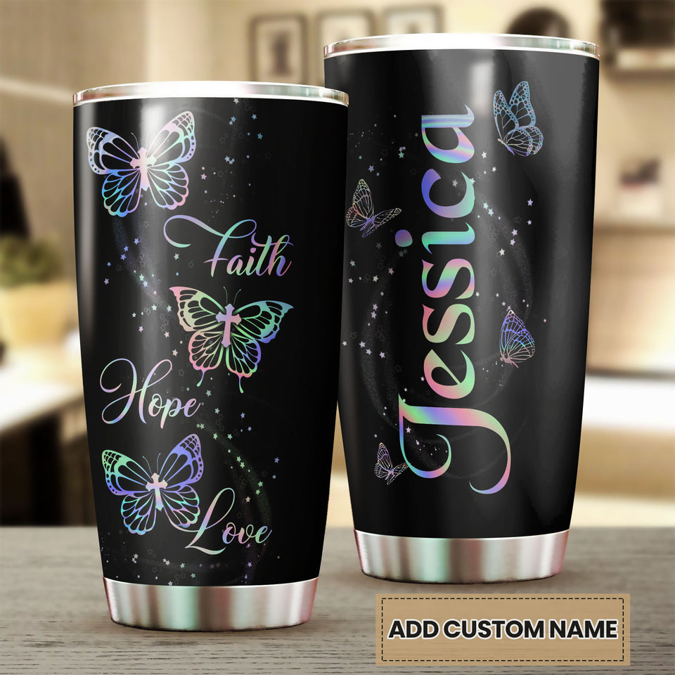 Camellia Personalized Butterfly Faith Hope Love Stainless Steel Tumbler - Double-Walled Insulation Vacumm Flask - For Thanksgiving, Memorial Day, Christians, Christmas Gift