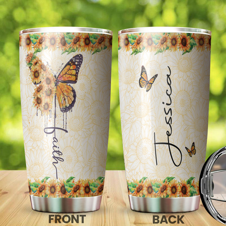 Camellia Personalized Butterfly Faith Sunflower Stainless Steel Tumbler - Double-Walled Insulation Vacumm Flask - For Thanksgiving, Memorial Day, Christians, Christmas Gift